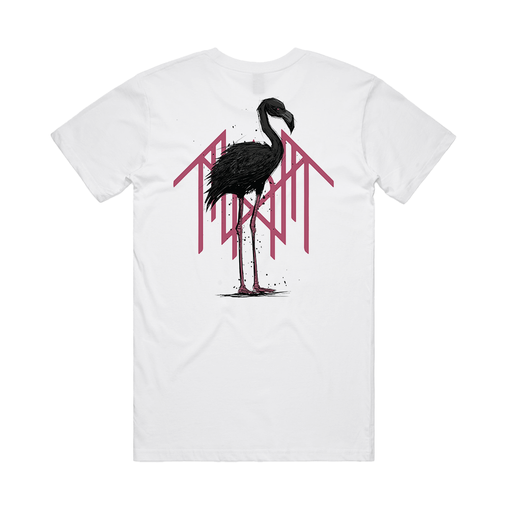 Back view of a white short-sleeve regular-fit T-shirt featuring a black flamingo standing in front of a pink Sleep Token logo.