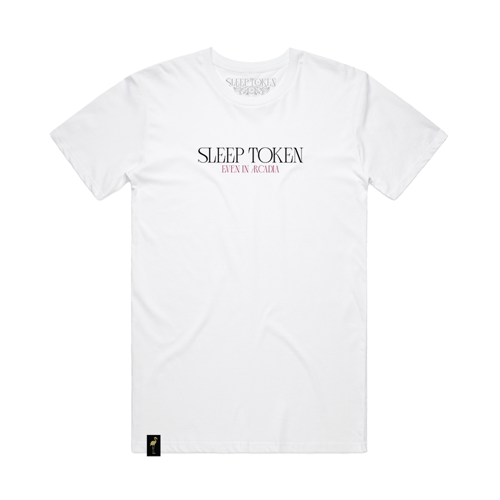 Front view of a white short-sleeve regular-fit T-shirt with black "Sleep Token" text and pink "Even in Arcadia" text printed across the chest.