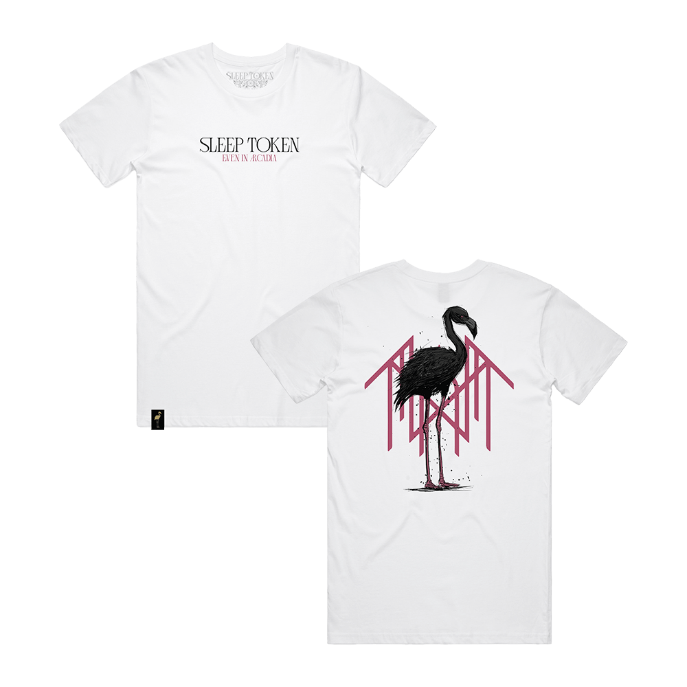 Front and back view of a white short-sleeve regular fit T-shirt. The front features black "Sleep Token" text with pink "Even in Arcadia" text beneath it. The back shows a black flamingo standing in front of a pink Sleep Token logo.