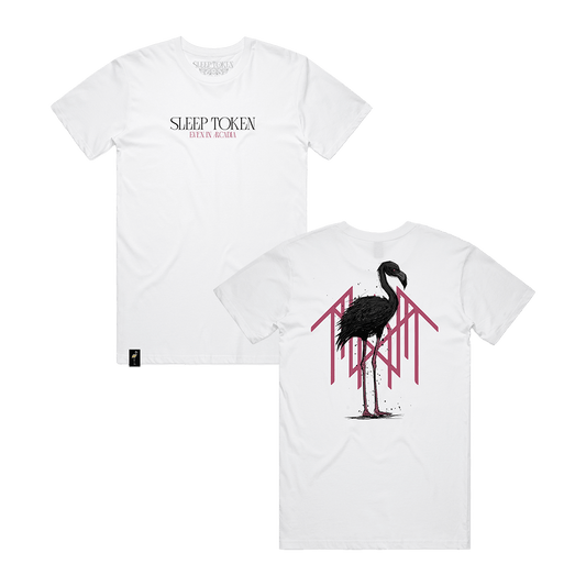 Front and back view of a white short-sleeve regular fit T-shirt. The front features black "Sleep Token" text with pink "Even in Arcadia" text beneath it. The back shows a black flamingo standing in front of a pink Sleep Token logo.