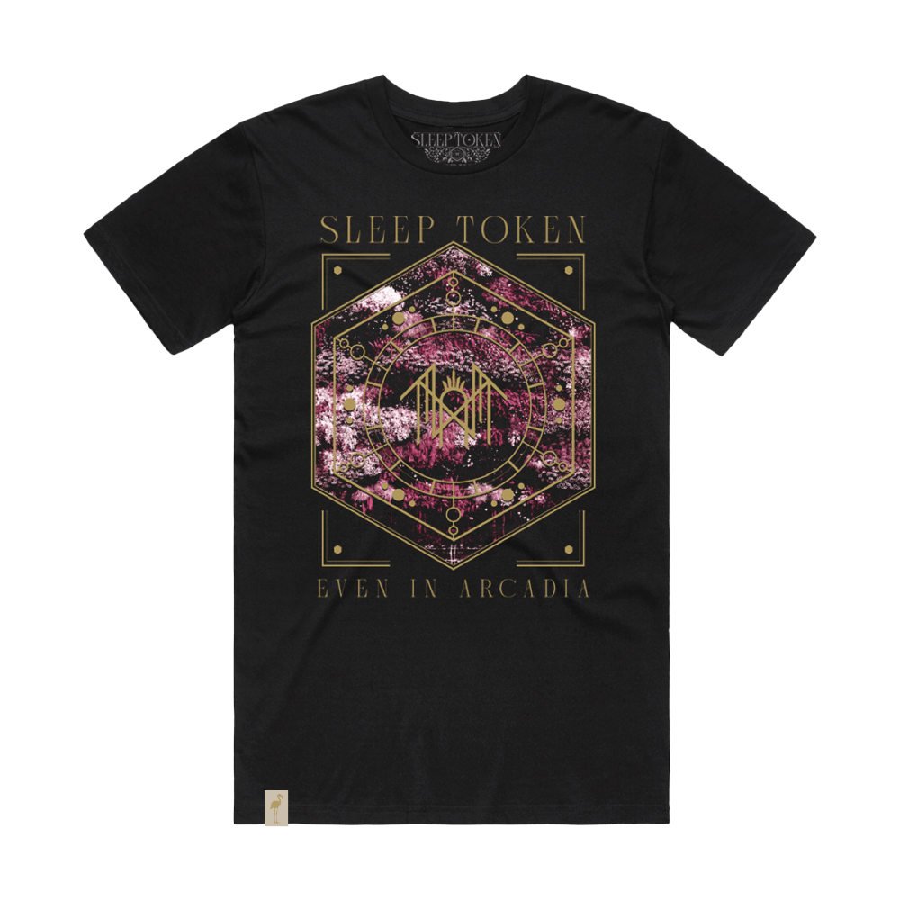Front view of a black short-sleeve regular-fit T-shirt featuring Sleep Token Even in Arcadia artwork printed across the chest.