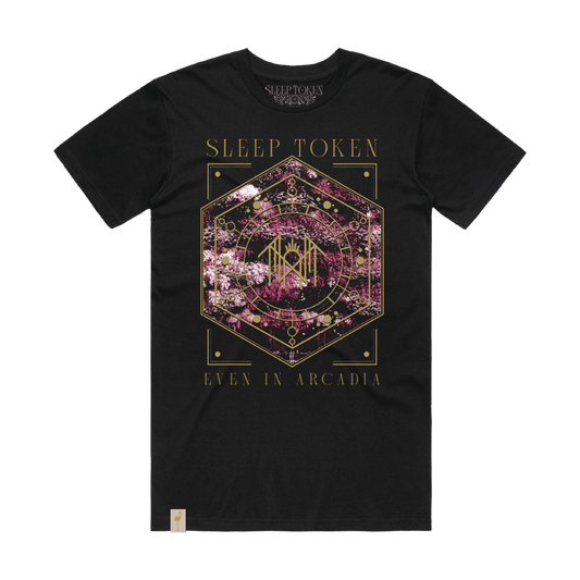Front view of a black short-sleeve regular-fit T-shirt featuring Sleep Token Even in Arcadia artwork printed across the chest.